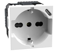 BTICINO MatixGO Prise Schuko Italienne P40 + Chargeur USB Type C, Quick Charge, Prise électrique avec alvéoles protégées, compatible avec prises italiennes/Schuko, 2 modules, blanc, JW4140A16USB