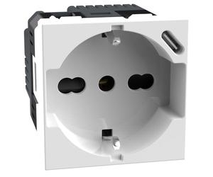 BTICINO MatixGO Prise Schuko Italienne P40 + Chargeur USB Type C, Quick Charge, Prise électrique avec alvéoles protégées, compatible avec prises italiennes/Schuko, 2 modules, blanc, JW4140A16USB