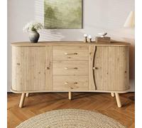 BTM Buffet Scandinave Moderne Aspect Bois en MDF Forme Pois avec Finition Rainurée, 2 Portes Coulissantes Et 3 Tiroirs, Compartiments Réglables, Pieds en Bois Massif