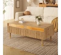 BTM Cette Table Basse LED Moderne Dispose d'une Plaque de tiroir ondulée, de Pieds en Bois doré, de Deux tiroirs et d'une Bande LED Changeante de Couleur.