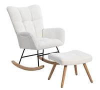 BTM Chauffeuse Adulte 1 Place, Fauteuil à Bascule avec Repose-Pieds Réglable, Rembourrage Épais et Glissières Feutre, pour Salon (Blanc, avec Pouf)