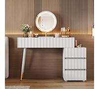 BTM Coiffeuse avec Miroir LED et éclairage - Ensemble de Coiffeuse Blanc pour Chambre à Coucher avec 5 tiroirs spacieux - Dimensions : L100/H127/P40 cm (sans Tabouret)