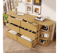 BTM Commode Sideboard 160cm Chêne, Design Romain avec Colonnes & Rangements Bambou, 6 Tiroirs & Rangements Ouverts, Pieds Réglables, H75/B160/T40cm