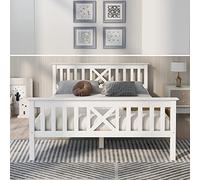 BTM Lit en Bois, Double, Cadre avec sommier à Lattes, tête de lit - 140x200cm, Bois Massif de pin, Enfant, ado, Blanc