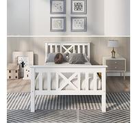 BTM Lit en Bois, Simple, Cadre avec sommier à Lattes, tête de lit - 90x200cm, Bois Massif de pin, Enfant, ado, Blanc