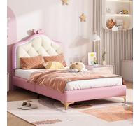 BTM Lit Enfant capitonné, Simple, Forme d'ondes avec Point de Traction à la tête du, Ruban Rose, avec Bandes LED Multicolores changeantes, avec battants en Bois, Cadre de lit Rose, 90x200cm