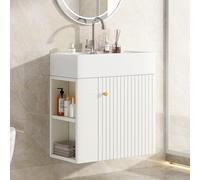 BTM Meuble de salle de bain avec meuble inférieur, 55 cm, insert de lavabo, à suspendre, meuble de toilette pour petits invités, avec porte et espace de rangement ouvert, blanc