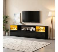 BTM Meuble TV avec Éclairage LED, 4 Portes Battantes, 8 Espaces de Rangement, Meuble Brillant Noir, Support Télévision Jusqu’à 75 Pouces, Meuble Bas pour Salon Salle à Manger, 180 x 35 x 60 cm