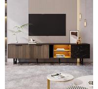 BTM Meuble TV avec Eclairage LED Réglable, Meuble Télé avec Aspect Marbre, Meuble TV 200cm avec 2 Tiroirs, 2 Portes et Compartements, Porte en Imitation Bois Foncé, 200x38x50cm, Noir et Marron