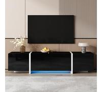 BTM Meuble TV Bas, Brillant Haut Noir, Pieds Blancs Contrastés, Portes Tiroirs Élégants, Bandeau Lumineux LED, 170 x 30 x 39 cm