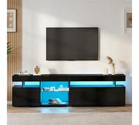 BTM Meuble TV Bas Lowboard Noir Haut Brillant 180×35×45Cm pour TV Jusqu’à 80 Pouces, 3 Portes, Étagères Réglables en Verre Trempé, Panneau De Particules