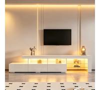 BTM Meuble TV Blanc avec façade Brillante et éclairage LED, 3 tiroirs pour téléviseur jusqu'à 75 Pouces, Dimensions 180 x 35 x 45 cm pour Salon, Chambre et Salle à Manger