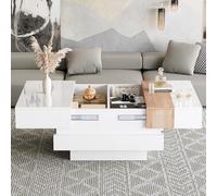 BTM Table Basse, 70x70x39 cm Hochglanz avec Plateau Extensible, Beistelltisch Quadratique Café, Espace De Rangement Caché Et Cloisons, Blanc + Couleur Primaire