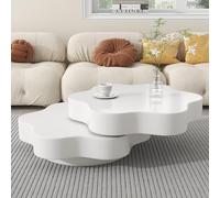 BTM Table Basse Forme Fleur 74.8x67.5x31 cm Plateau Tournant 360°, 2 Étagères Double Couche MDF, Crème