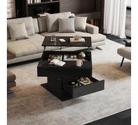 BTM Table Basse géométrique 70 x 70 x 45 cm, Plateau pivotant à 360°, relevable avec 1 tiroir, de Salon laquée Brillante avec Rangement dissimulé, Console, d'appoint, Noire