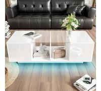 BTM Table Basse Moderne avec Éclairage LED, Table Basse Blanche en Verre avec Rangement, Table d'Appoint LED, Plateau à Haute Brillance, Charge de 60 kg, 120x50x38.5 cm