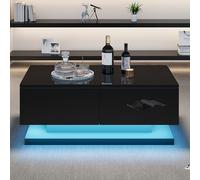 BTM Table Basse Noire laquée Brillante de 90 x 50 x 38 cm, Console avec 2 tiroirs, équipée d'un éclairage LED d'ambiance contrôlable Via Une Application Mobile.