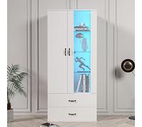 BTM vitrine avec éclairage LED de 16 Couleurs, 182x60x35cm présentoir Salon, Armoire Blanc vitrine Mur Buffet étagère Haute
