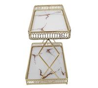 BTOSEP Étagère de rangement élégante à 2 niveaux pour salle de bain - 29 x 18,5 x 27 cm - Verre en fer (blanc avec motifs dorés)