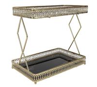 BTOSEP Étagère de rangement élégante à 2 niveaux pour salle de bain - 29 x 18,5 x 27 cm - Verre en fer (noir avec motifs dorés)