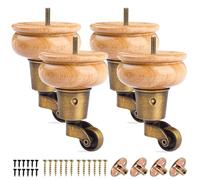 Btowin VCF Lot de 4 pieds de meubles en bois massif avec roulettes, 10 cm, pieds d'armoire ronds en bois massif tourné pour chaise, fauteuil inclinable, ottoman, armoire, fauteuil