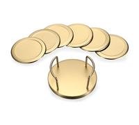 BTSKY Lot de 6 sous-verres ronds épais en acier inoxydable brossé avec support, dessous de verre rond avec fond éponge, sous-verre pour boissons, verre doré, 10 x 10 cm