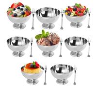 Buachois 8 Pcs Tasses à Glace en Acier Inoxydable, Coupes à Dessert Glacées | Tasses à Yaourt avec Pieds Ronds Argentés, Réutilisables avec Fourchette pour Coupes Glacées, Desserts aux Pieds de Fruits