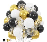BUAGOUWZ 100 Ballons Dorés, Noirs et Blancs avec Confettis Métalliques Dorés et Noirs de 30 cm pour la Cérémonie de Remise des Diplômes