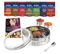 Bub Masala Dabba Boîte à épices 7 pots et couvercle transparent 18,5 cm - Épices indiennes authentiques - Rajah de qualité supérieure - Coffret cadeau parfait