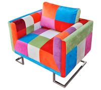 Bucmath Fauteuil cube avec pieds chromés, design patchwork, multicolore, 85,5 x 63 x 74 cm, assise confortable pour salon, chambre à coucher, bureau