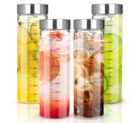 BUCOMTU Lot de 4 bouteilles en verre graduées de 500 ml, gobelets à smoothie avec couvercle en acier inoxydable, bouteilles d'eau en verre réutilisables, adaptées aux smoothies, jus, lait, café