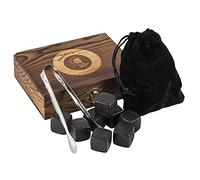 Buddy´s Bar - 9 Pierres à Whisky de 2 x 2 cm, Coffret Cadeau Haut de Gamme, boîte en Bois, Sac en Velours, Pince, glaçons réutilisables en Basalte et Pierres de Refroidissement Neutres au goût