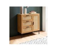 Buffet 1 porte 3 tiroirs 80x36x82 cm effet chêne et rotin - MUTRA