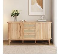 Buffet- 140.5cm - 3 Tiroirs en Rotin & 1 Porte - Design Scandinave aux Coins Arrondis - Bois Clair