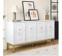 Buffet 140 x 40 x 80 cm - 4 portes - Avec étagères réglables - Finition brillante - Blanc + Or