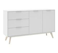 Buffet 140cm 2 Portes 3 Tiroirs Scandinave MDF et Pin Massif Naturel et Blanc - BLAJK - ALTOBUY Blanc G