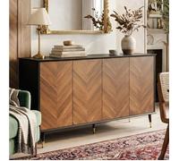 Buffet 140x40x80cm - Motif Chevrons - Charnières Soft-Close - Étagères Réglables - Pieds Métal Or MDF Noir et Brun