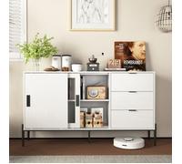 Buffet 155 x 40 x 91,5 cm - 2 Portes Coulissantes en Verre Cannelé & 3 Tiroirs - Console d'Entrée & Rangement Polyvalent - Blanc