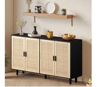 Buffet 158 cm - Bahut 4 Portes avec Cannage Étagères Réglables Pieds Bois Massif Bois et Noir 158x40x88 cm