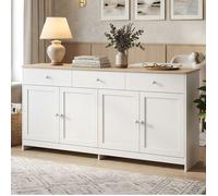 Buffet 160x37x75 cm - 4 Portes & 3 Tiroirs - Étagères modulables - Style Campagne rustique - MDF Blanc et Bois Naturel