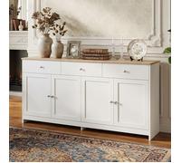 Buffet 160x37x75cm - 4 Portes et 3 Tiroirs - Style Campagne Rustique - Rangement Cuisine - MDF et Bois - Blanc et Chêne