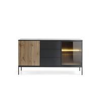 Buffet 2 portes 3 tiroirs avec LED Chêne et Noir 155 cm - MAEL