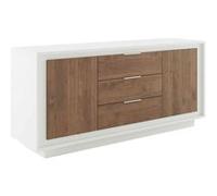 Buffet 2 portes 3 tiroirs blanc laqué façades aspect bois finition Mercure piètement socle - AZONTO -