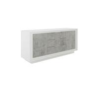 Buffet 2 portes 3 tiroirs blanc laqué façades aspect ciment piètement socle - AZONTO -