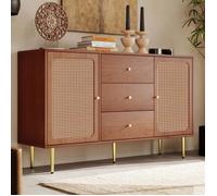 Buffet 2 portes et 3 tiroirs, MDF laqu et cannage en rotin naturel - L 150 x P 40 x H 90 cm, pied en mtal, Noyer