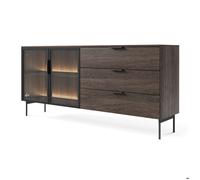 Buffet 2 portes vitrées, 3 tiroirs avec LED - SELSEY LUMI - 181 cm - chêne Dunin