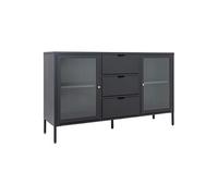Buffet 2 Portes Vitrées 3 Tiroirs en Métal Laqué Noir - HUGO -