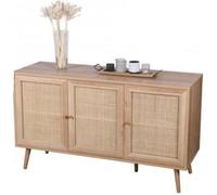 Buffet 3 Portes avec Cannage Rotin et décor Bois - L120 cm - 120 cm X 39 cm X 70 cm - BALI Bois Clair