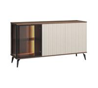 Buffet JANEYA 3 portes avec LEDs en MDF et verre fumé 154x80x39 cm Beige et Naturel foncé