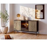 Buffet 3 portes avec LEDs en MDF et verre fumé - Noir et Naturel - OVILA